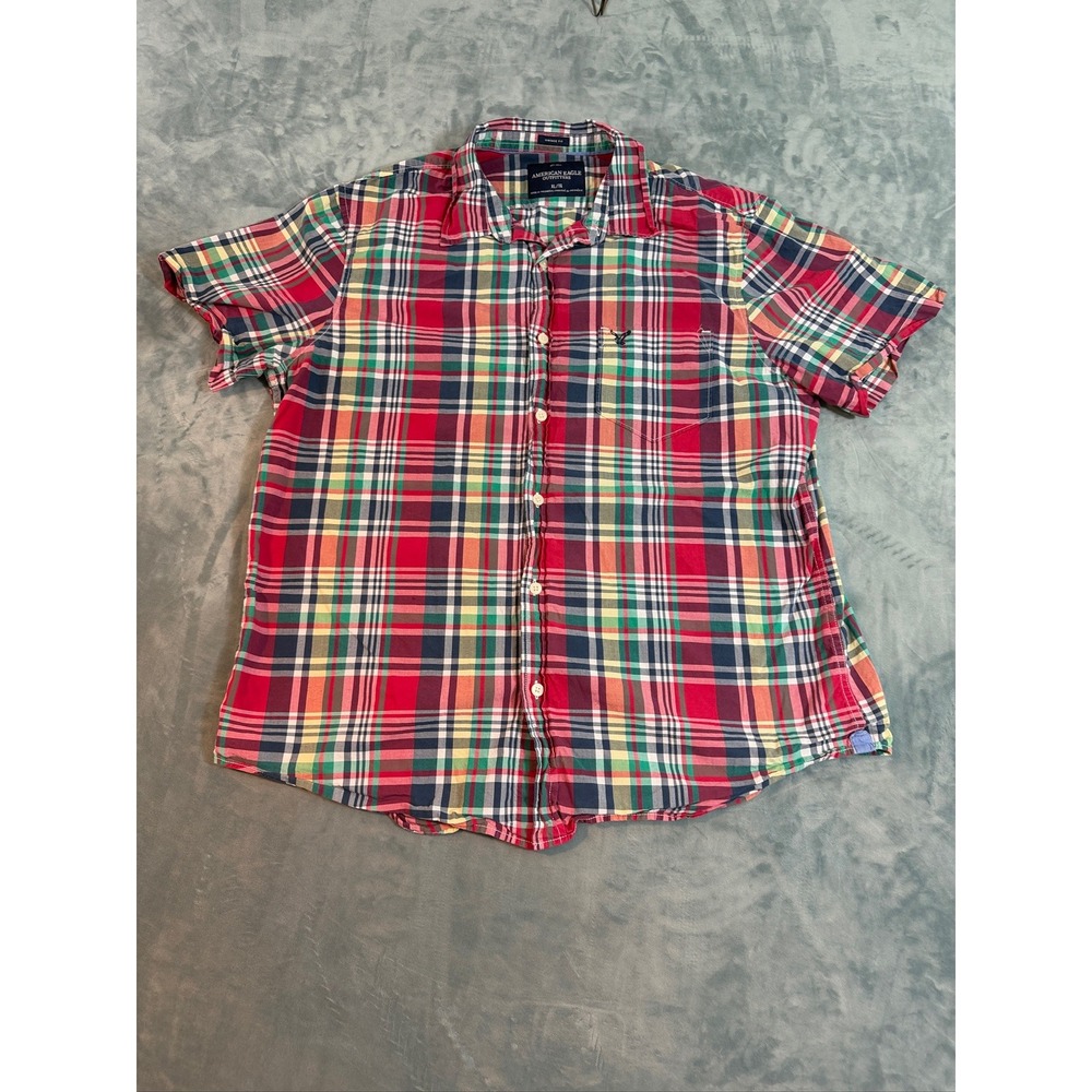 American Eagle Mens XL Vintage Fit Plaid Short Sleeve Button Down Red Multi